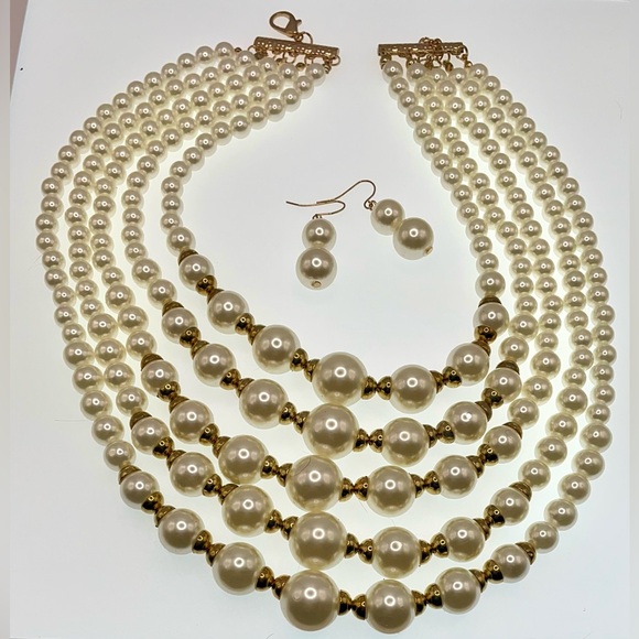 Source Unknown Jewelry - Beautiful Multi Strand Bold Faux Pearl Statement Necklace with Earrings